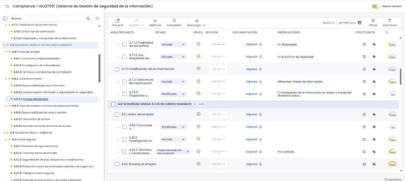 Nueva vista del catálogo de requisitos de Compliance en GlobalSuite&reg; Quantum, con índice lateral y tabla sincronizados