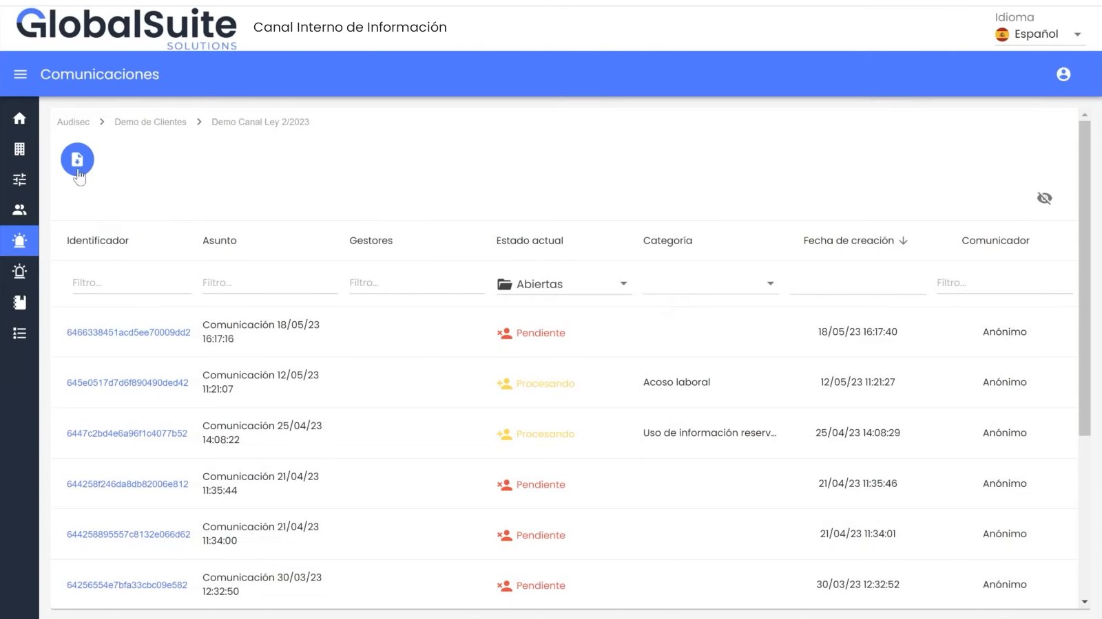 Pantalla real de GlobalSuite®: Bandeja de comunicaciones del gestor con estados