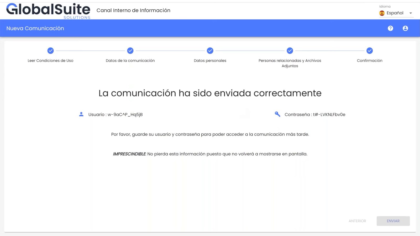 Pantalla real de GlobalSuite®: Comunicación enviada con usuario y contraseña de seguimiento
