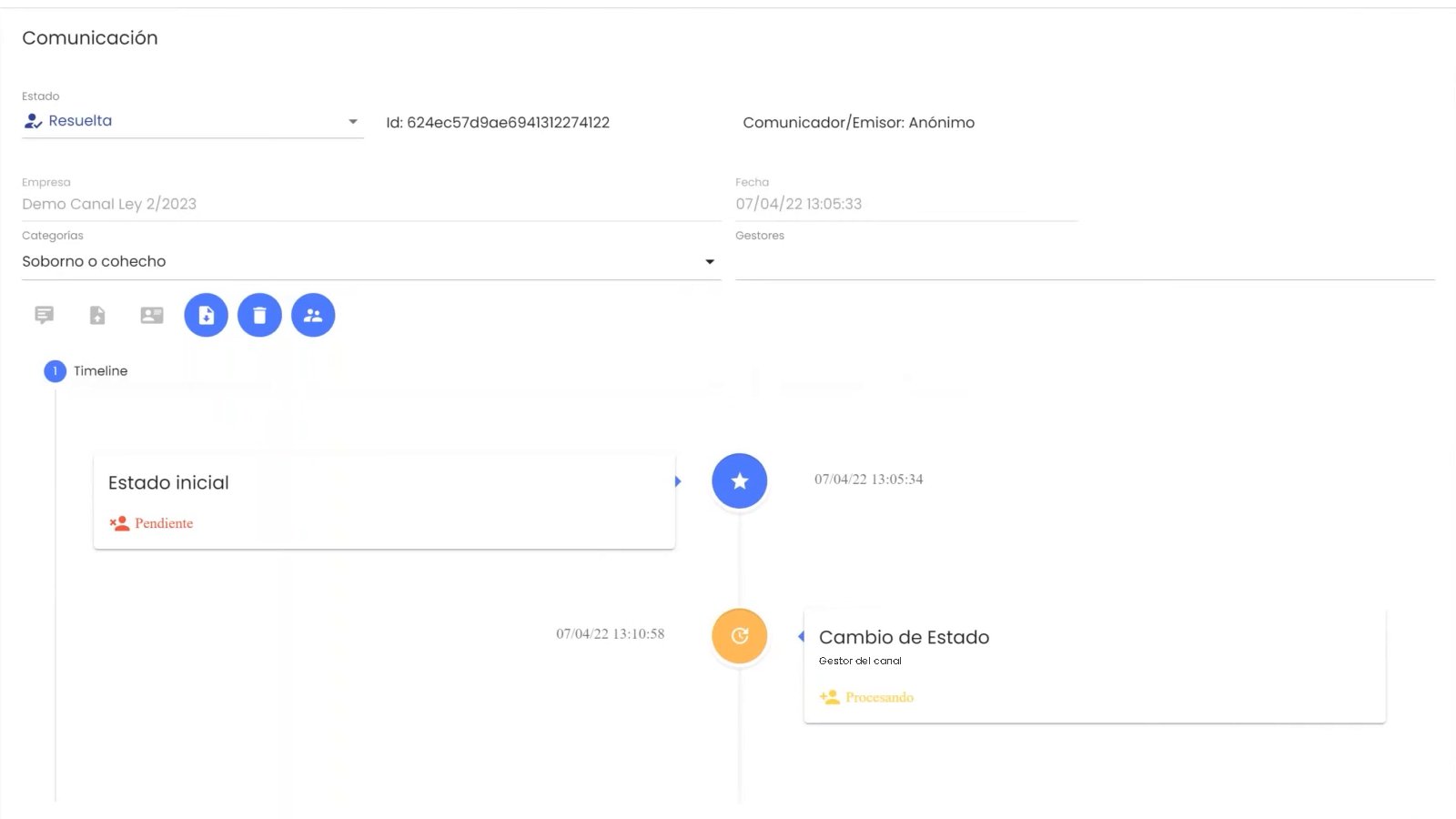 Pantalla real de GlobalSuite®: Expediente de una comunicación con su línea de tiempo