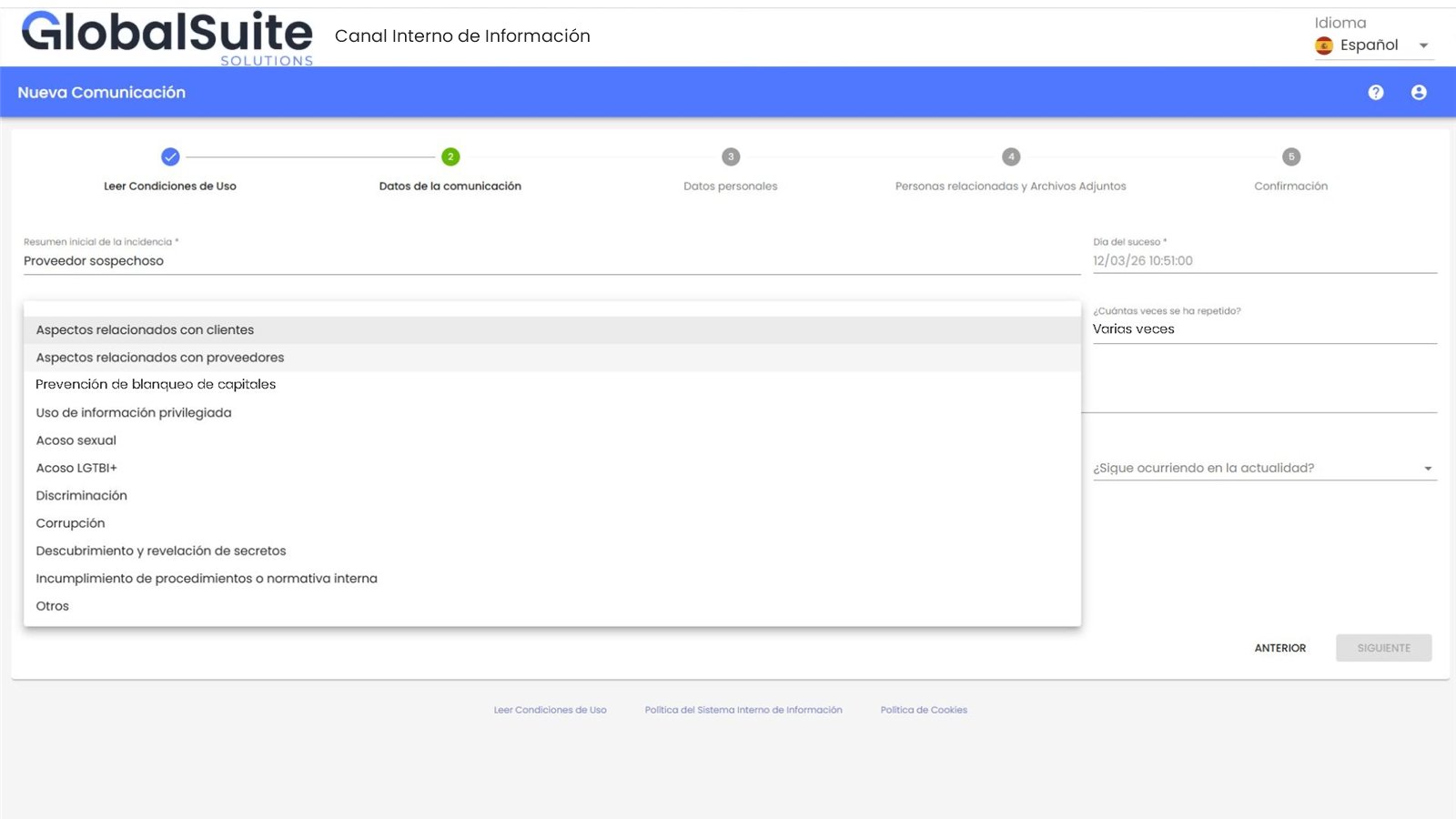 Pantalla real de GlobalSuite®: Formulario de nueva comunicación con las categorías del canal
