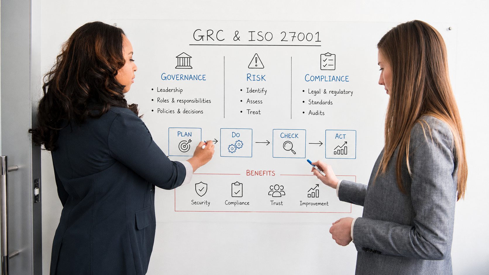 Dos profesionales explican en una pizarra el ciclo GRC e ISO 27001: gobierno, riesgo, cumplimiento y PDCA