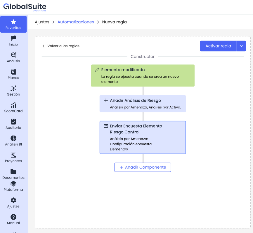 Automation builder: when an item changes, its risk analysis is added and the survey is sent to the owner