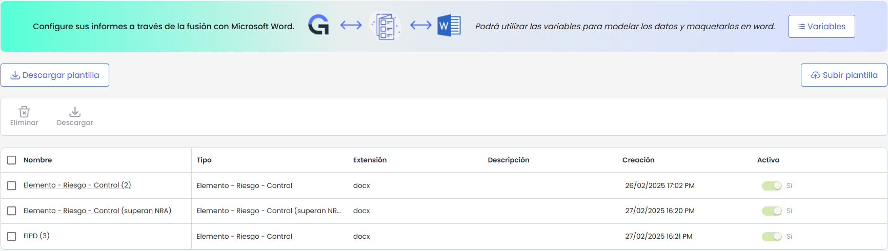 Report templates in Microsoft Word: download the template, place the variables and upload it
